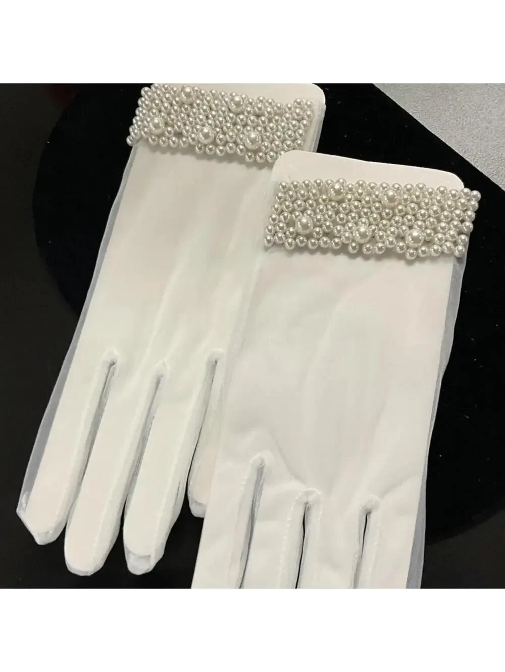 Sheer Wrist Length Bridal Gloves Pearl Cuffs NWT